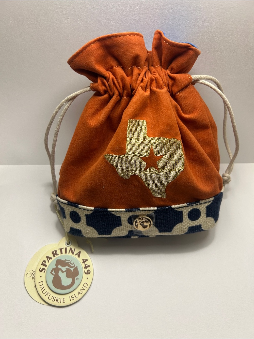 Spartina 449 Orange Drawstring Pouch with Gold Texas Motif